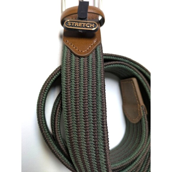 Mens Braided Stretch Belt 32 Green Brown Stripe Genuine Italian Leather Golf - Picture 2 of 3